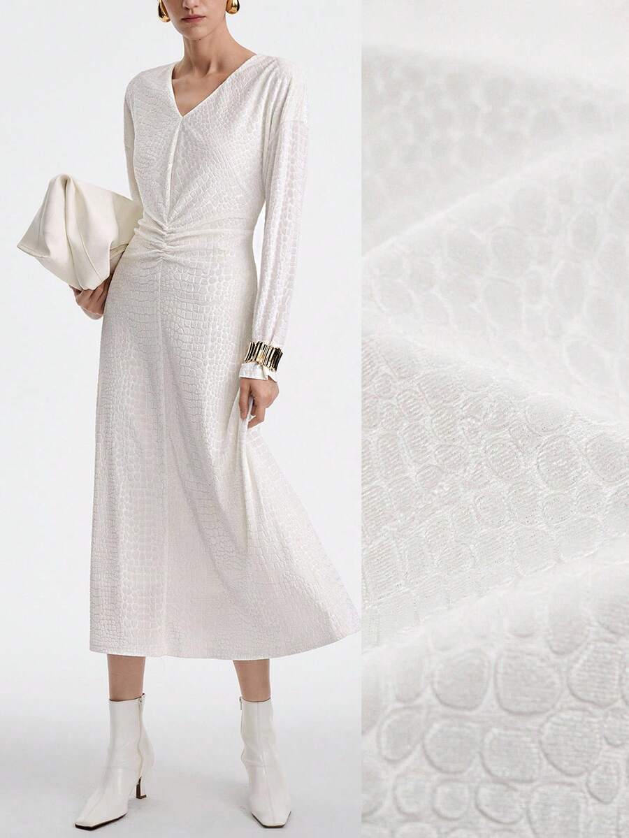 SHEIN LUNE White,Autumn,Elegant,Brunch Women's Luxurious Maxi Dress,Velvet Jacquard Leopard Spot V-Neck Long Sleeve Ruched Waist Fishtail Hem Party Wedding Gown - Beige - View 1