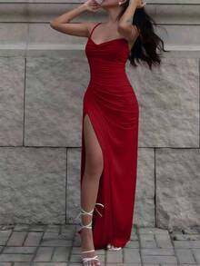 INAWLY Fitted Sexy Plunging Neck Ruched Slit Criss-Cross Strap Dress - Burgundy - View 3