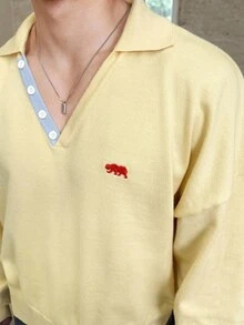 ESTAVOR Men's Dropped Shoulder Long Sleeve Casual Polo Collar Cardigan Sweater, For Fall Winter - Yellow - View 6