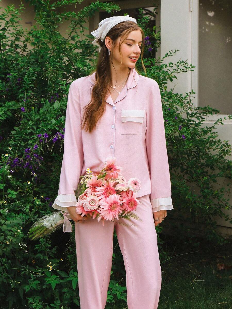 Women's Pink Bubble Chiffon Ruffle Trim Colorblock Lapel Long Sleeve Pajama Set, Fall Clothes - Blue - View 1