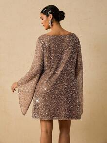 Freevana Váy cổ thuyền tay loe đính sequin thanh lịch cỡ lớn, mùa thu - Rượu sâm banh - Xem 2