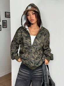 Coolane Felpa oversize con chiusura lampo, a maniche lunghe, in maglia, con fantasia mimetica, foderata termicamente, per tenere caldo, stile di base, adatta per uscire, per donna, colore verde, stile di coppia