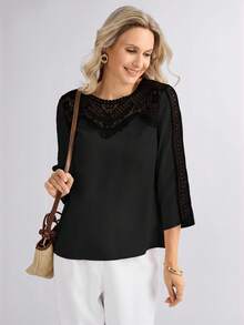 Miaspire 定制花卉领口拼接女士休闲度假衬衫，春夏母亲节礼物，黑色上衣 - 黑色 - 查看 3