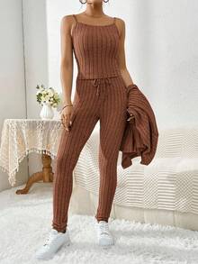 SHEIN Essnce Bộ 3 món áo hai dây gân trơn màu + áo khoác dài tay + quần buộc dây phía trước dành cho nữ - Màu nâu  Mocha - Xem 6