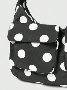 ROMWE Anime 复古简约黑白波点女士大容量单肩包休闲手提包适合日常通勤旅行等 - 黑色 - 查看 3