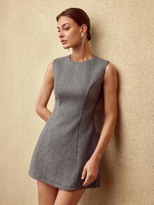 MOTF PREMIUM WOMEN'S WOOL BLEND HERRINGBONE SLEEVELESS MINI DRESS , AUTUMN/WINTER - Grey - View 5