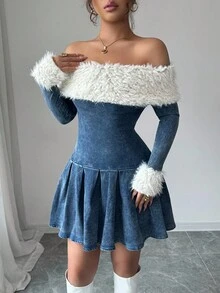 Siren Gaze 女士保暖衬里加厚牛仔连衣裙，休闲紧身弹力插肩毛绒拼布连衣裙，冬季女装，感恩节女装，长袖连衣裙，蓝色长袖连衣裙，蓝色露肩连衣裙，蓬松连衣裙，圣诞派对连衣裙 - 深色水洗藍 - 查看 4