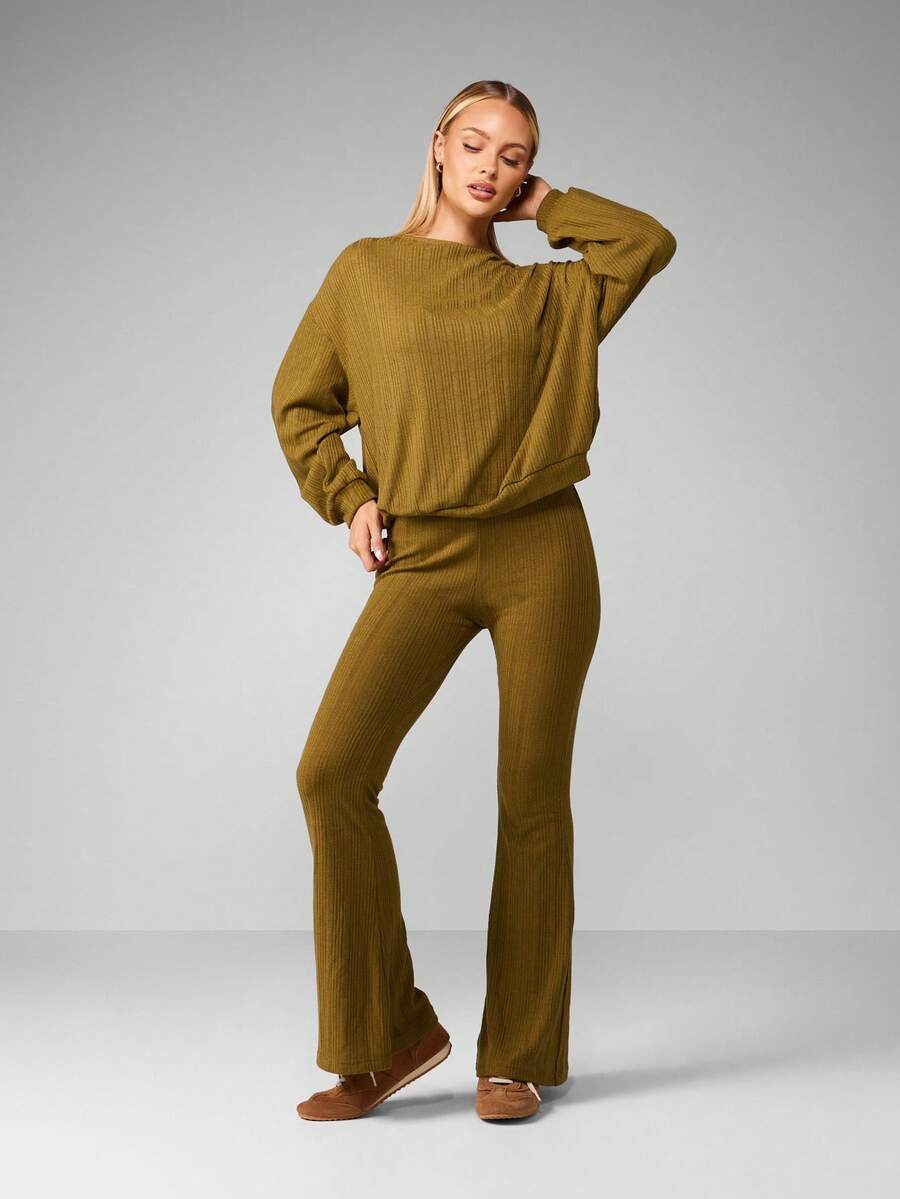 MISSGUIDED Oversized Ribbed Knit Cozy Fall Two Piece Set Long Sleeve Bardot Sweater Flared Pants Co-Ord Winter Lounge Outfit Relaxed Fit Comfort Wear Christmas - Green - View 1