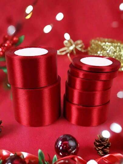 1 Roll/25yards 0.6-5cm Wide Wine Red Ribbons Bow Polyester Ribbon Wedding Decoration Diy Handmade Ribbon Floral Arrangement Baking Packaging,For Christmas Gift