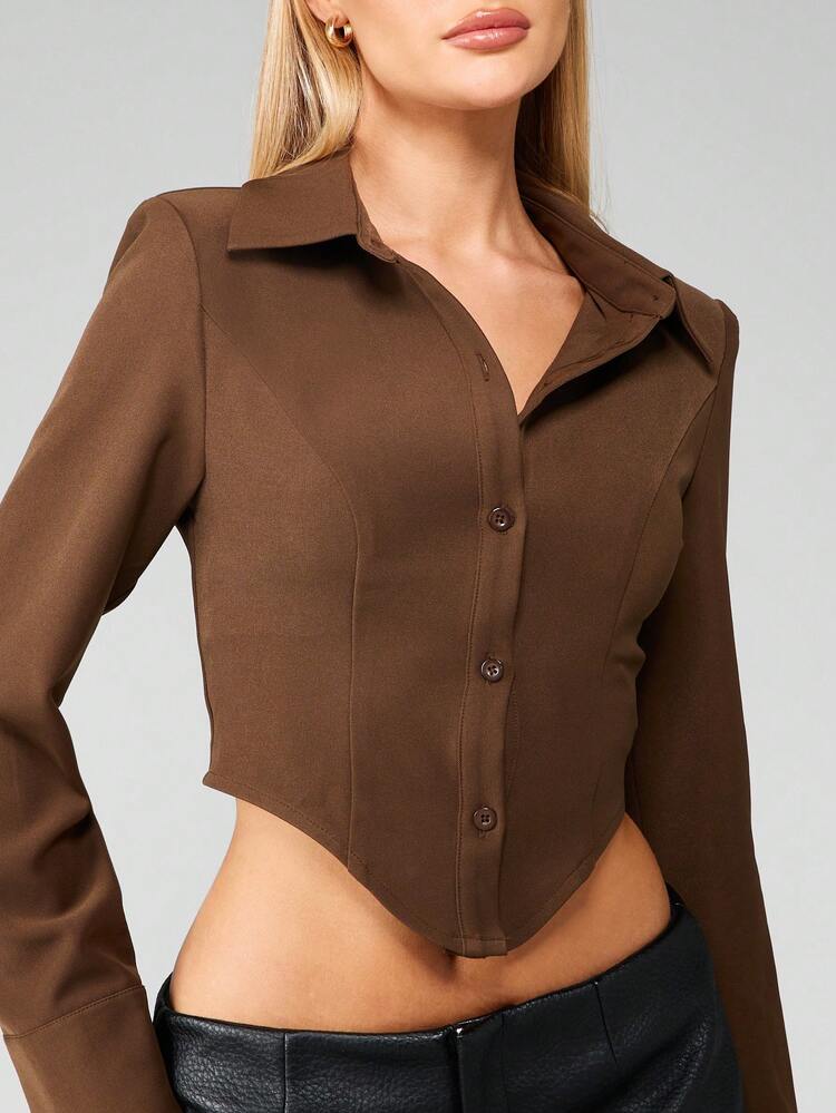 MISSGUIDED Structured Long Sleeve Button Down Crop Shirt Elegant Office Professional Interview Business Casual Feminine Modern Fall Winter Fashion Fitted Workwear