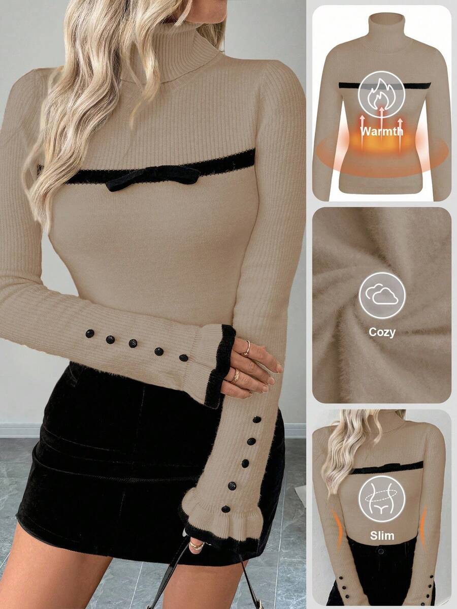 SHEIN LUNE Women's Turtleneck Ruffle Button Design Long Sleeve Knit Pullover Sweater With Bow, Tight Fit Thermal Lining - Khaki - View 1