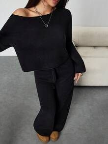 Flirla Set de 2 piezas de top holgado y pantalones de pierna ancha asimétricos de hombro sexy de estilo casual para otoño/invierno - Negro - Ver 6