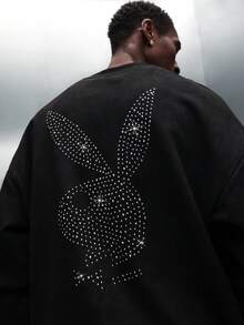 PLAYBOY X SUMWON 镶钻长袖圆领卫衣，超大Logo设计，常规版型套头衫，冬季休闲装 - 黑色 - 查看 4