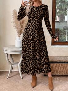 EMERY ROSE Vestido ajustado de cuello redondo de manga larga con estampado de leopardo para mujer, color marrón, otoño/invierno - Multicolor - Ver 1