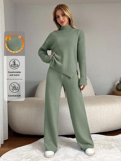 EURMUSE Conjunto de 2 peças de suéter feminino casual de cor sólida, gola alta, solto, ombro caído, e calças de malha de perna larga