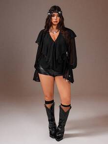 Rustia Women's Casual Loose Solid Color V-Neck Long Sleeve Plus Size Blouse