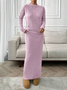 EURMUSE Cable Pattern Sweater And Straight Midi Skirt Set Elegant Simple - Baby Pink - View 3