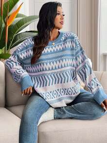 EURMUSE Plus Size Casual Christmas Geometric Pattern Plus Size Pullover Sweater For New Year Clothes - Baby Blue - View 6