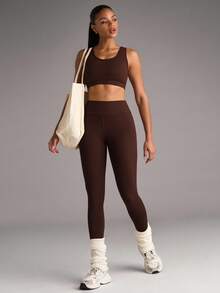 SHEIN BAE Conjunto deportivo de top corto y leggings con estampado de letras para mujer, conjunto de leggings para mujer, conjunto de ropa de gimnasio para mujer