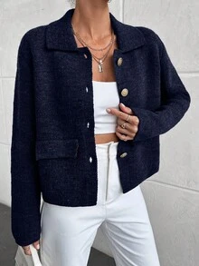 EURMUSE Long Sleeve Solid Minimalist Button Front Casual Blouse - Navy Blue - View 5