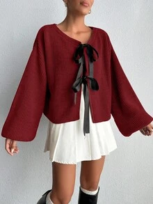 EURMUSE Women's Dropped Shoulder Long Sleeve Bowknot Knit Cardigan - Burgundy - View 3