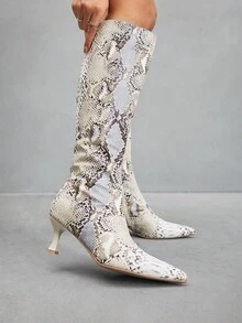 CUCCOO SZL 女士时尚尖头蛇皮图案简约优雅百搭侧拉链细高跟及膝靴 - 彩色 - 查看 5