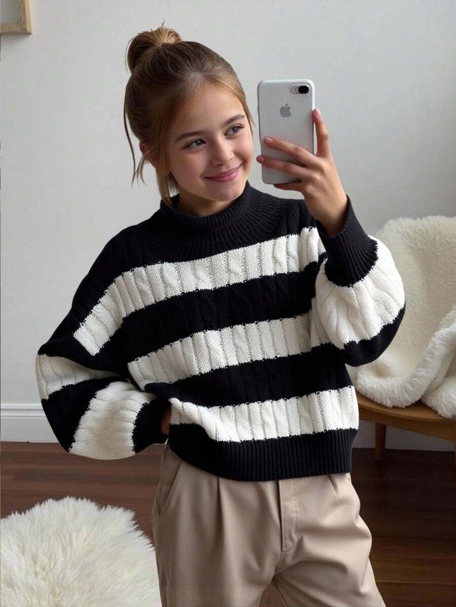 SHEIN Suéter holgado de cuello alto con textura a rayas negras y blancas para niña preadolescente, adecuado para usar en casa, salidas, escuela, compras y fiestas en otoño/invierno