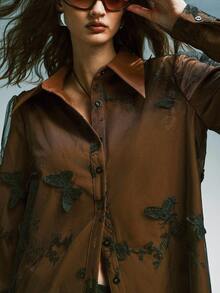 Airlisse Women's Solid Color Lace Crochet Patchwork Stand Collar Long Sleeve Blouse