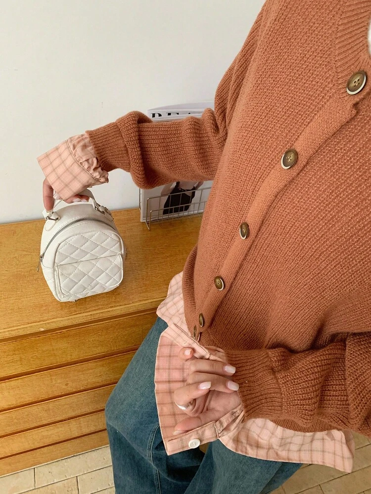 Dazy Plus Plaid Patchwork 2 In 1 Casual Round Neck Sweater, Fashion Cardigan For Plus Size Women, Autumn/Winter