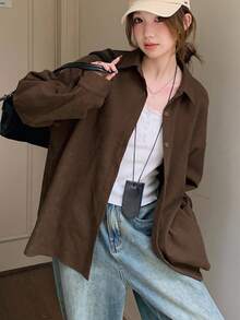 DAZY 女士纯色纽扣前长袖休闲上衣，日常休闲装，秋装 - 咖啡棕 - 查看 4