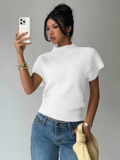 Aloruh Women's Casual Solid Color Short Sleeve Sweaters Autumn Winter Clothes For Women