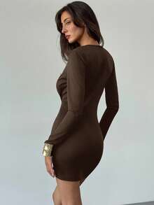 Aloruh Women's Solid Color Deep V-Neck Long Sleeve Metal Waist Design Sexy Mini Dress,Dresses For Women Party