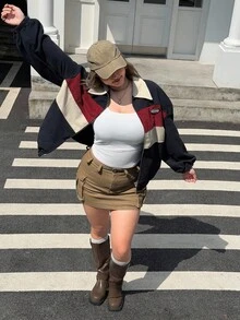 SHEIN EZwear Plus Size Women Casual Color Block Detail Fur Collar Barn Jacket, Autumn/Winter Fall