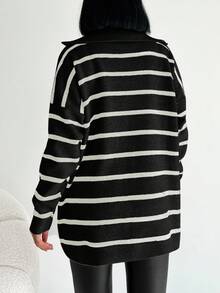 EURMUSE Striped Pattern Drop Shoulder Polo Neck Sweater - Black - View 2