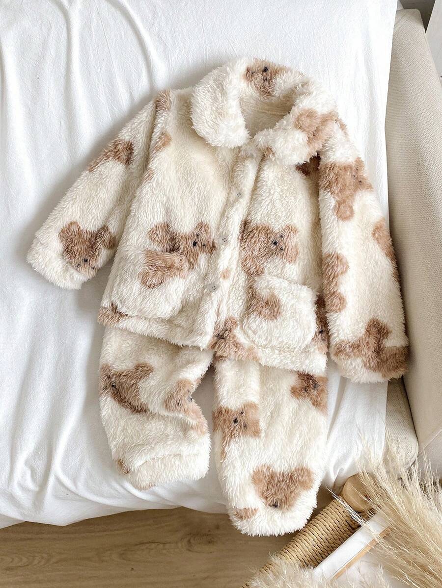 2 件套女婴可爱卡通熊印花羊毛开衫和裤子套装，时尚彼得潘领口袋设计，长袖，秋冬家居服