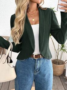 SHEIN LUNE 休闲女式短款纹理咖啡色西装外套棕色西装外套女士棕色夹克女士浅棕色西装外套女士棕色西装外套女士秋季服装秋季服装 - 墨綠色 - 查看 1