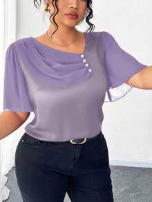 Elenzga Áo cánh tay ngắn thanh lịch cổ bèo nhún bất đối xứng cỡ lớn có nút trang trí - Bụi tím - Xem 5