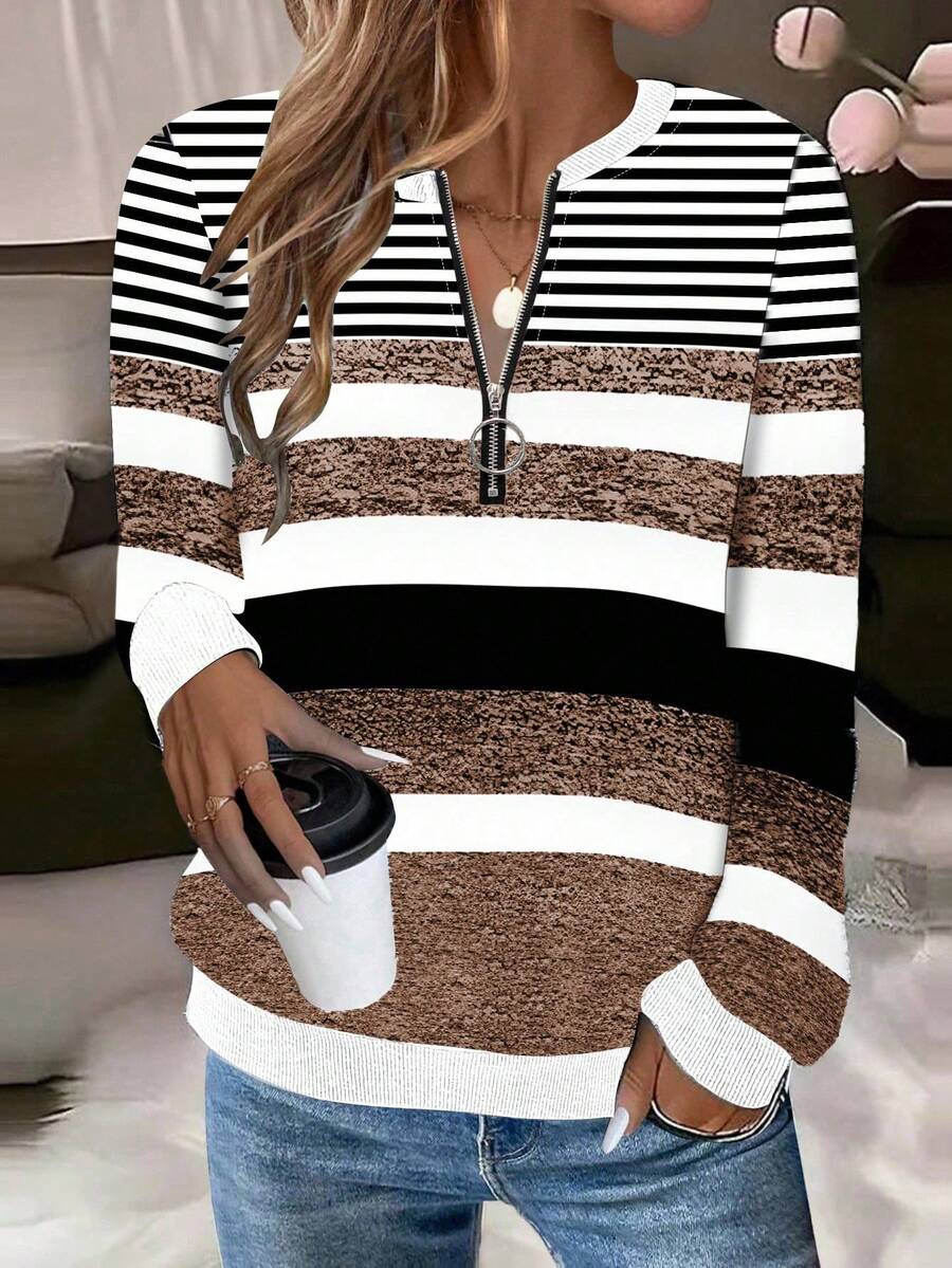 EMERY ROSE Áo nỉ thời trang nữ, cổ tròn, tay dài, khóa kéo nửa, cổ áo có gân tương phản, cổ tay áo và gấu áo, họa tiết sọc bất đối xứng, màu xám - Nhiều màu - Xem 1