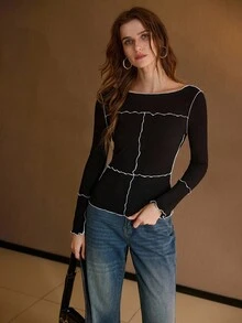 MOTF PREMIUM Camiseta ajustada con cuello de barco y pespuntes de contraste, minimalista, casual y versátil para uso diario - Blanco y Negro - Ver 7