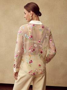 MOTF PREMIUM 花卉刺绣透明衬衫 - 杏色 - 查看 3