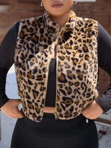 SHEIN EZwear Áo khoác vest họa tiết da báo đơn giản hàng ngày cỡ lớn dành cho nữ, mùa đông - Nhiều màu - Xem 9