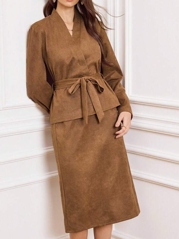 Miaspire Conjunto elegante de 2 piezas para mujer, con una blusa envolvente de color marrón oscuro con efecto de gamuza y una falda recta, adecuado para otoño/invierno