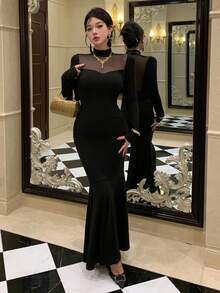 DAZY Gaun Pesta Pernikahan Modis Tanpa Punggung dengan Detail Renda Jala yang Pas di Badan, Model Duyung, Cocok untuk Bepergian, Musim Semi/Panas - Hitam - View 9