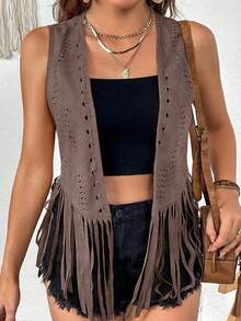 SHEIN VCAY Plus Size Women Western Style Hollow Design Fringe Hem Open Front Vest Jacket - Mocha Brown - View 3