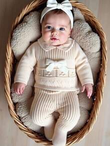 Baby Girls Ruffled Collar Long Sleeve Knitted Sweater&Matching Knitted Leggings 2 Pieces Set,Cream White,Autumn,Flowy,Family Matching Soft Outfit - Apricot - View 6