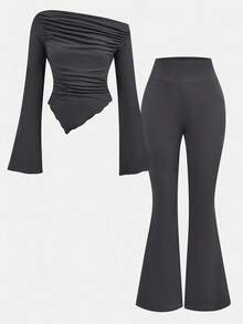 SHEIN Girlism 青少年女孩 2 件套休闲浅灰色褶皱长袖修身针织上衣和喇叭裤套装，适合居家和户外，旅行装机场，休闲日常装女孩服装套装全套服装套装灰色女孩服装 - 深灰色 - 查看 11