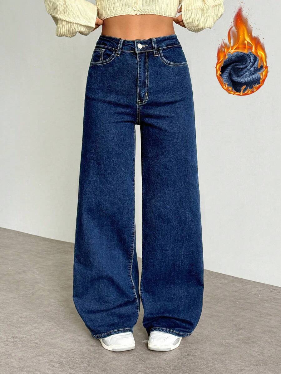 SHEIN ICON Women's Casual Winter Thermal Lined Straight Leg Jeans - Dark Wash - View 1