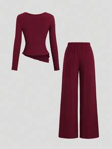Sweetra 2 件套：休闲舒适弹力喇叭裤和长袖酒红色衬衫，秋冬 - 酒紅色 - 查看 2