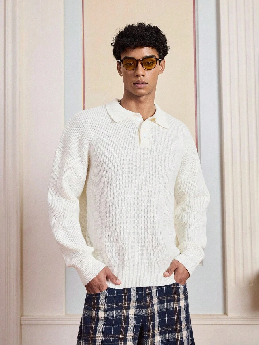 SWAVVY Men's Casual Solid Color Drop Shoulder Long Sleeve Polo Sweater, Autumn/Winter - White - View 1