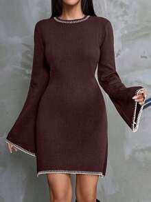 EURMUSE Women Color Block Sweater Dress With Striped Edges,Petite - Coffee Brown - View 5